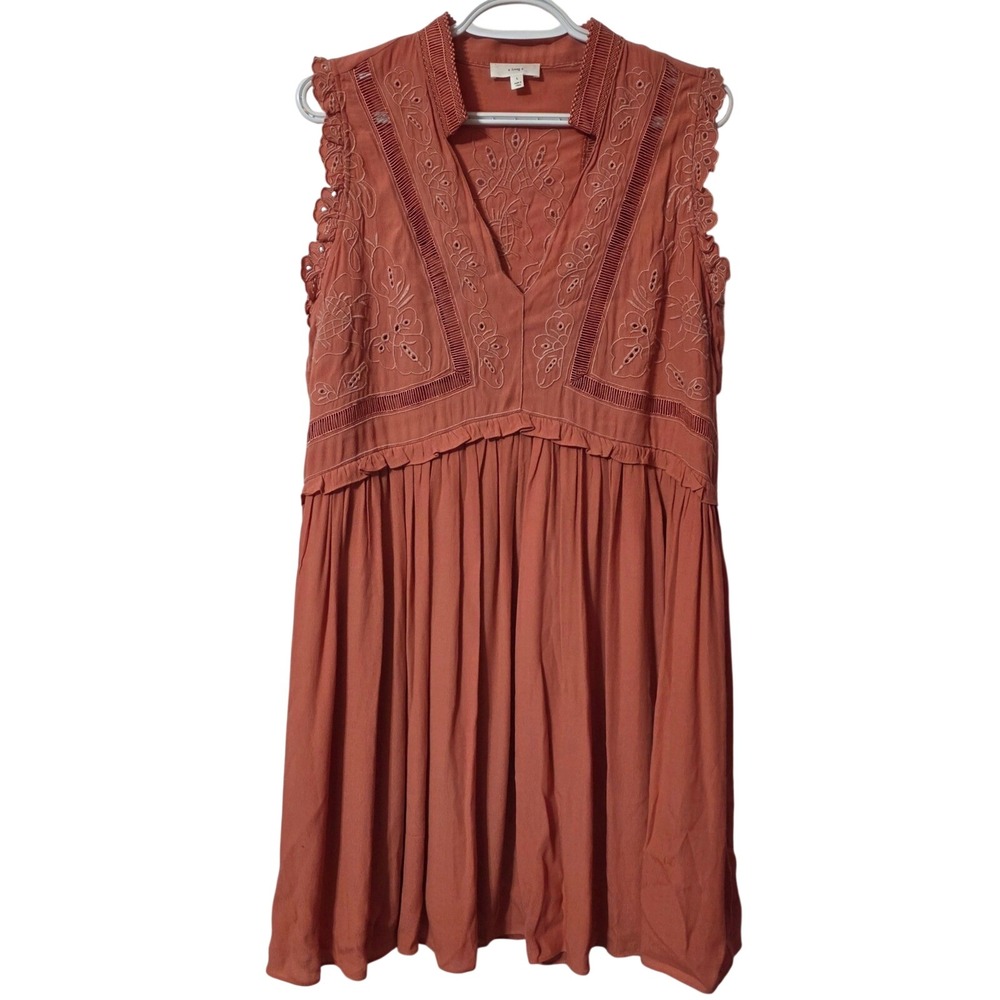 A Loves A Women L Mini Dress Rust Embroidered Boho Eyelet Ruffle Summer Dress